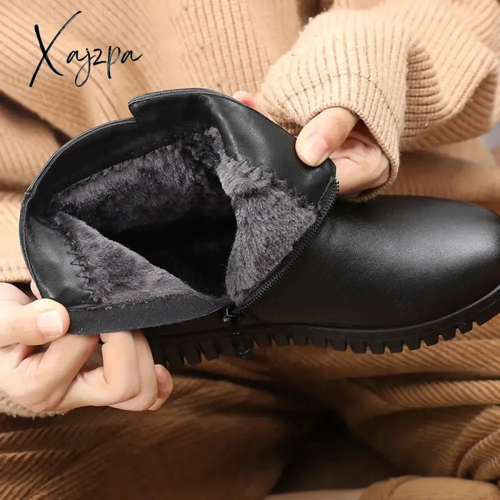 Xajzpa - Woman Ankle boots Warm Plush Wedge Boots for women Casual shoes Non-slip Waterproof Leather Boots women Zipper Female boots