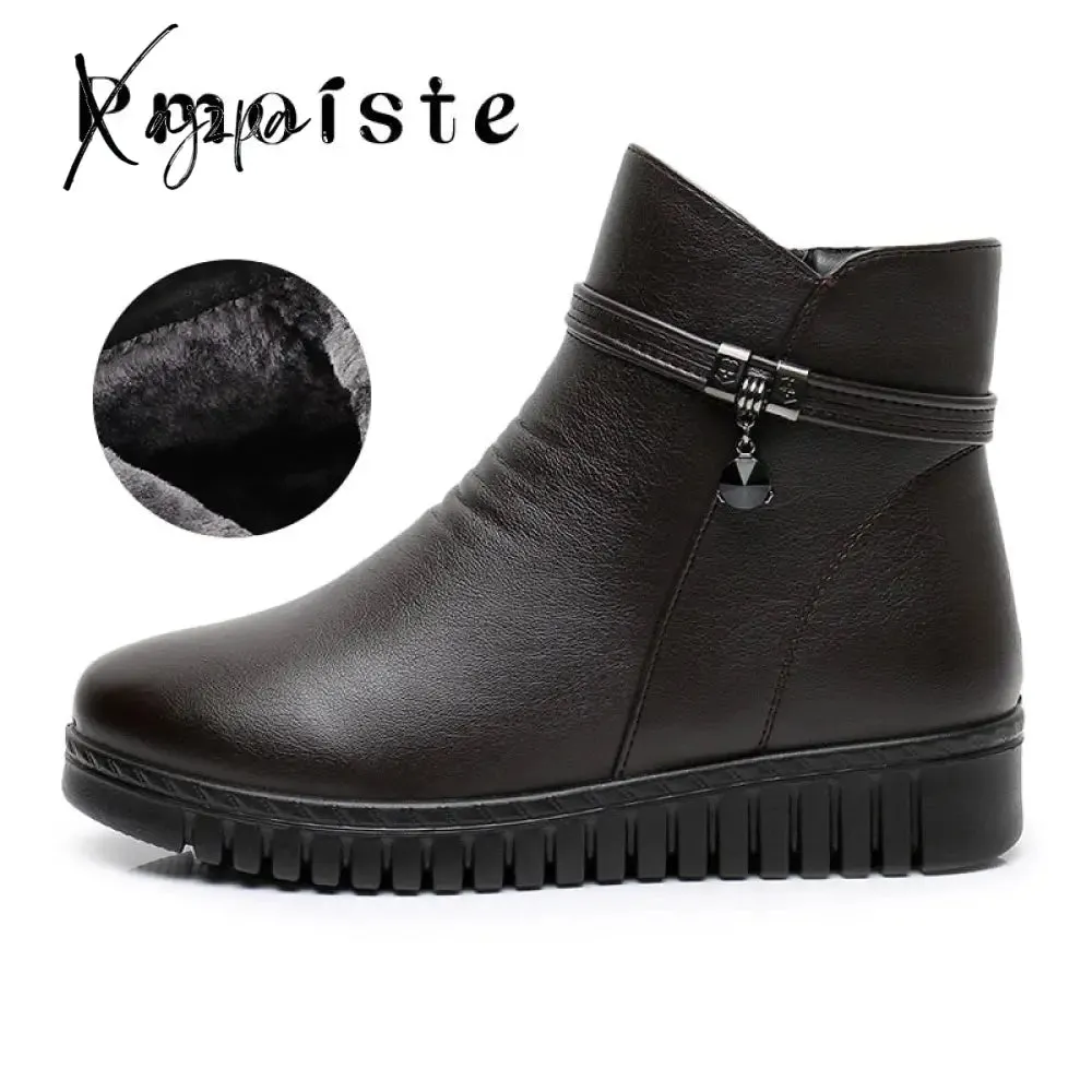 Xajzpa - Woman Ankle boots Warm Plush Wedge Boots for women Casual shoes Non-slip Waterproof Leather Boots women Zipper Female boots