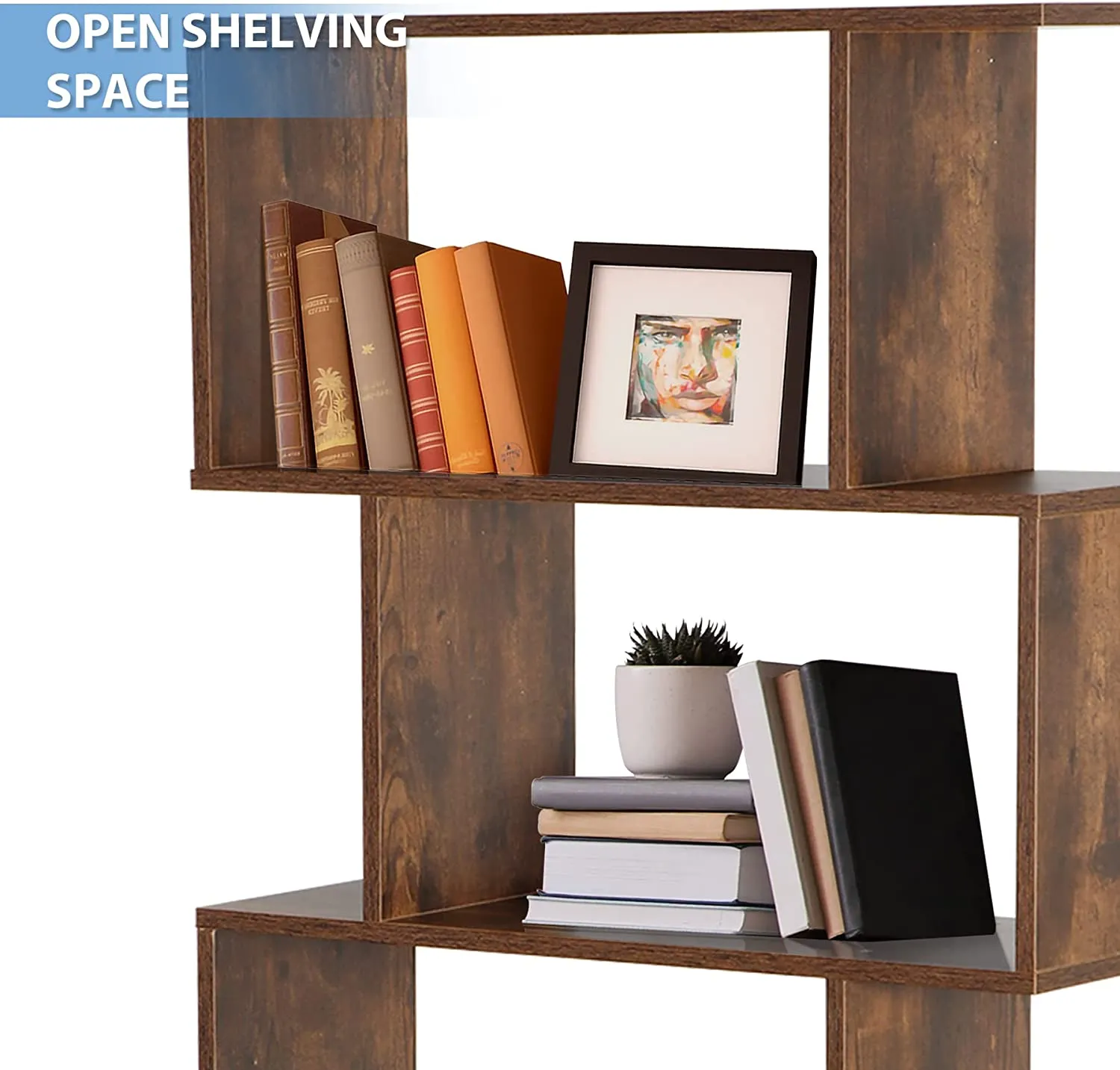 ZENY™ 5-Tier Bookshelf Geometric Bookcase Open Shelf Wooden Bookshleves, Brown