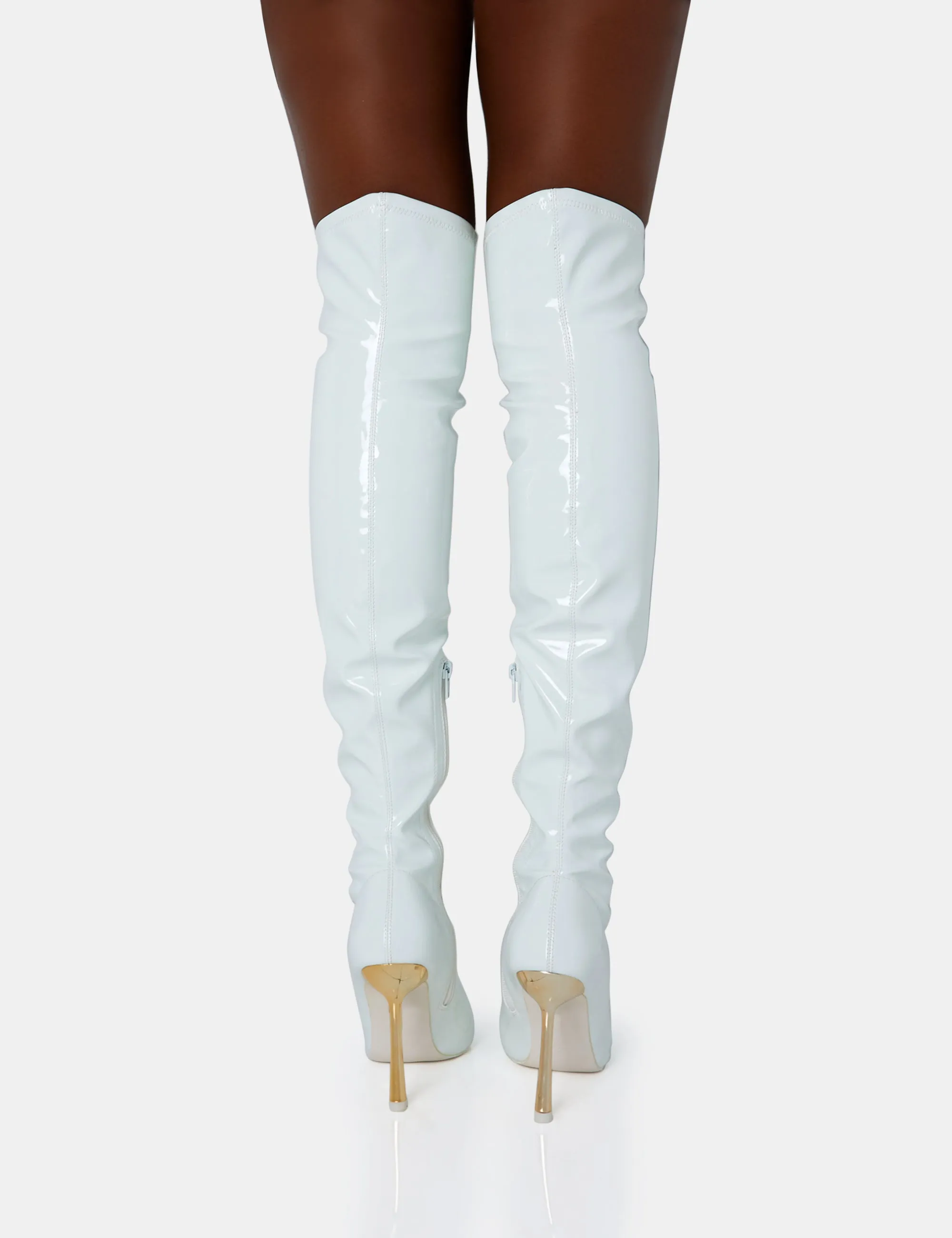 Zhenya White Patent Gold Contrast Stiletto Over The Knee Boots