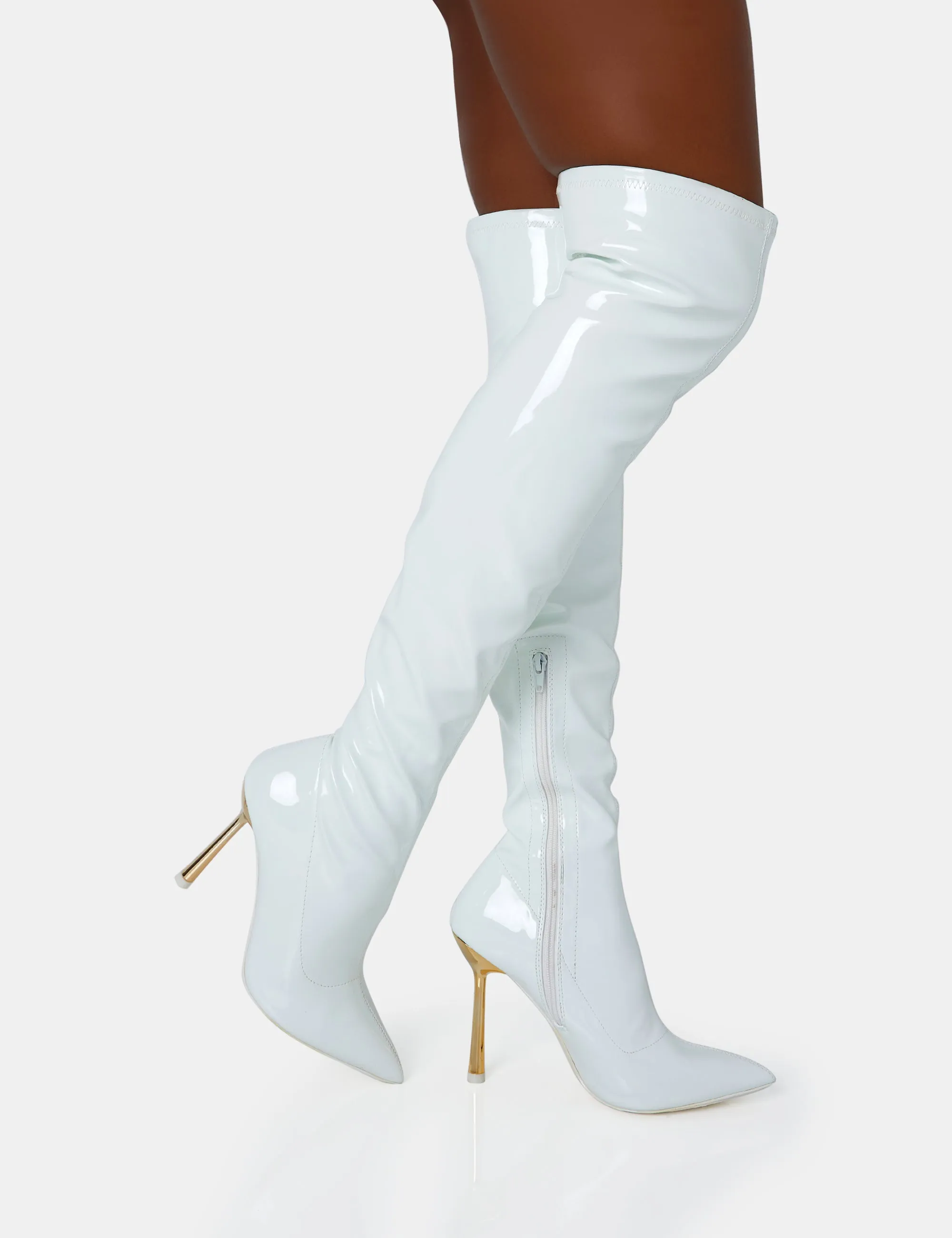 Zhenya White Patent Gold Contrast Stiletto Over The Knee Boots