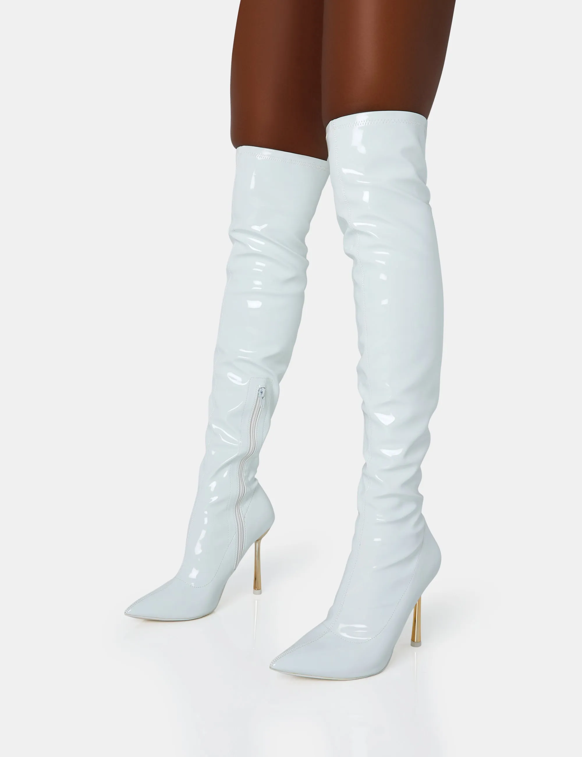 Zhenya White Patent Gold Contrast Stiletto Over The Knee Boots